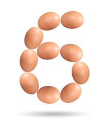 Number six made of Easter Eggs isolated on white background.Chicken eggs number 6 isolated on white background.