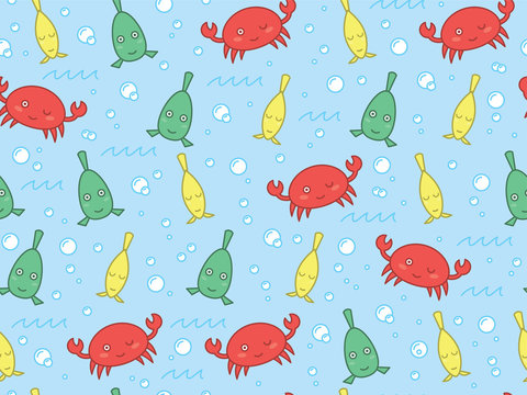 Marine Themed Childrens Pattern With Color Crab And Fish. Summer Background.