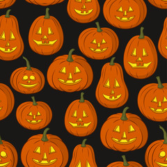 Seamless Pattern, Pumpkins Jack O Lantern, Symbol Halloween Holiday, Isolated on Tile Black Background. Vector