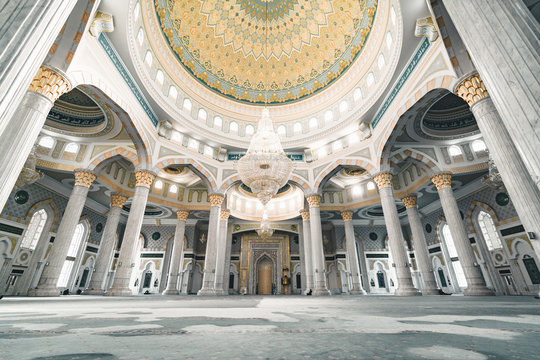 Hazrat Sultan Mosque inside prayer room in Nursultan Astana capital of Kazakhstan