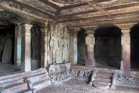 Interior view of Ravanaphadi rock-cut temple, Aihole, Bagalkot, Karnataka. Exquisitely carved ceiling of the matapa, carved Shiva figures is clearly seen.