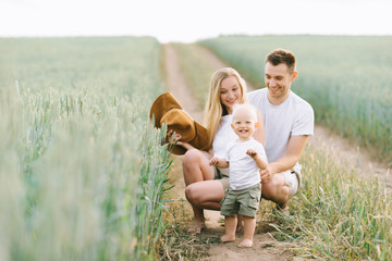 A young family have a fun with their little baby in the field