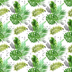 Watercolor jungle bouquettes with grunge scribbles and dots seamless pattern