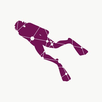 Silhouette of diver. Icon diver. The concept of sport diving. Textured by connected lines with dots.