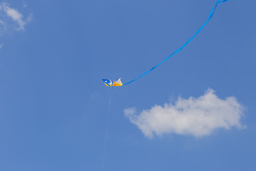 mage of a kite flying in the blue sky with a long blue ribbon