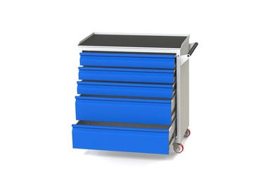 Metal tool cabinet on wheels with drawers. A convenient place for storing tools and spare parts. Metal furniture.  3D-model rendering of the table for shooting from above.