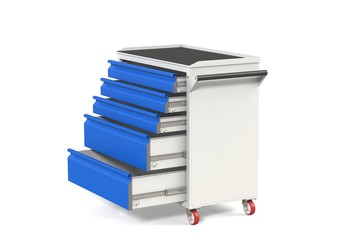 Metal tool cabinet on wheels with drawers. A convenient place for storing tools and spare parts. Metal furniture.  3D-model rendering of the table for shooting from above.