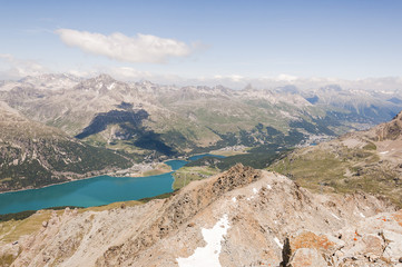 Silvaplana, Corvatsch, Silvaplanersee, Seenplatte, Julierpass, Piz Julier, Piz Albana, Piz Nair, Alpen, Corviglia, Wanderweg, Oberengadin, Graubünden, Sommer,Schweiz