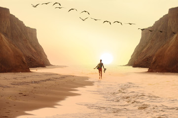 The guy is running on a wild beach. a healthy lifestyle, an atmosphere of happiness and carefree....