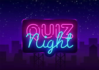 Quiz night announcement poster vector design template. Quiz night neon signboard, light banner. Pub quiz held in pub or bar, night club. Questions game bright retro light sign. Vector Billboard