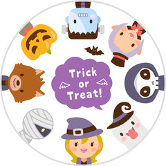 ハロウィンのかわいいモンスター　トリックオアトリート　顔　丸　フラットアイコン　セット	