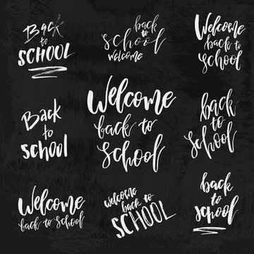 Welcome Back to School chalk lettering on blackboard. Vintage Calligraphic Design Label On Chalkboard. Vector Logo Set