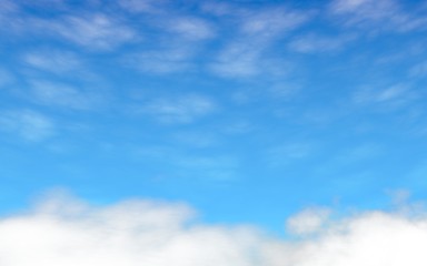 Blue sky background with white clouds. Abstraction group of clouds on clear blue sky on sunny day. 3D illustration