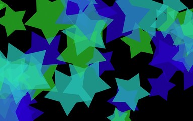 Multicolored translucent stars on a dark background. Green tones. 3D illustration