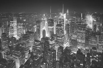 Black and white aerial picture of Manhattan, New York City, USA.