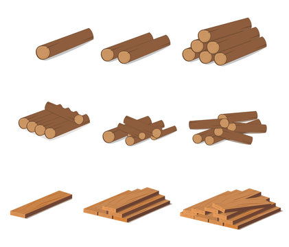 Wooden logs. Brown bark of felled dry wood. Purchase for construction. Vector illustration. A set of wooden straps for wood, an illustration of the industry of wood materials. Wood boards