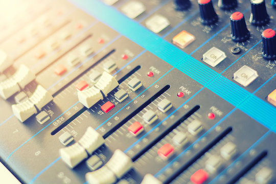 Professional audio mixer console radio broadcasting and selective focus