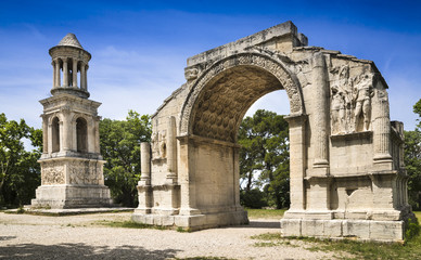 Roman Triumphal Arch and Roman Mausoleum of the ancient Glanum. Saint Remy-de-Provence,...