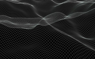 Abstract landscape on a dark background. Cyberspace white grid. Hi-tech network. 3D illustration