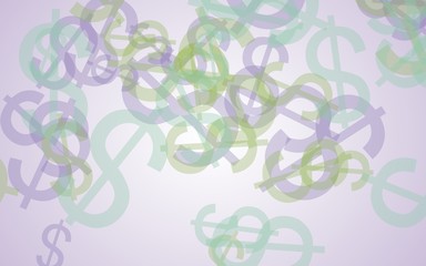 Multicolored translucent dollar signs on white background. Green tones. 3D illustration