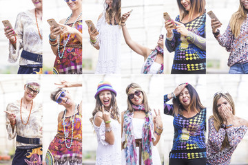 Collage of portrait of nice happy and cheerful women using smartphone modern technology phone. colored dress and smiles. rock and roll concept for hippy females free. alternative lifestyle