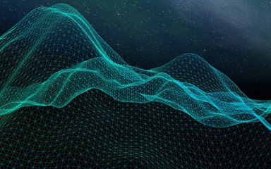 Fototapeta premium Abstract landscape on a dark background. Cyberspace grid. Hi-tech network. Outer space. Starry outer space texture. 3D illustration