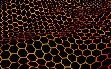 Honeycomb wave effect on a red yellow background. Perspective view on polygon look like honeycomb. Isometric geometry. 3D illustration