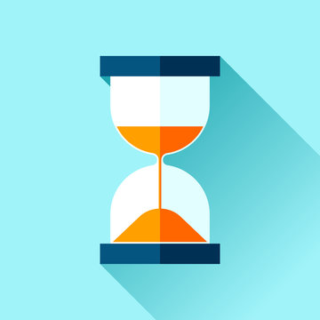 Hourglass icon in flat style, sandglass on blue background. Vector design elements for you business project 