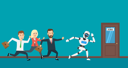 business people and robot humanoid run to door. search job concept