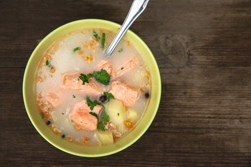 fish soup fish soup in nature on an old wooden table
