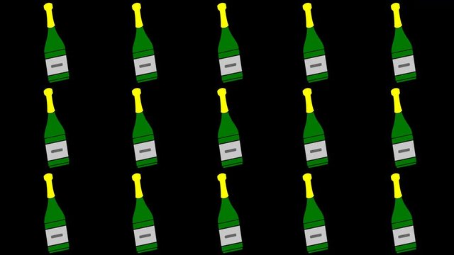 Looped Animated Stationary Champagne Water Bottles Flat Design Cartoon Particles Overlay Background with Alpha Embedded UHD 4K