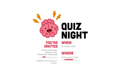 Quiz Night Poster with Brain Cartoon Vector Illustration with Text Template