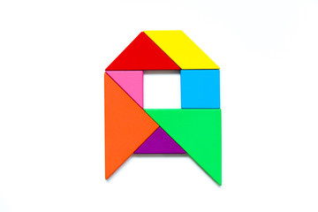 Color tangram puzzle in english alphabet a shape on  white background