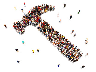 People doing home improvement concept . Large group of people walking to a shape of a hammer on an isolated white background. 3d rendering