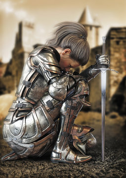 Female warrior knight kneeling wearing decorative metal armor with a castle in the background. 3d rendering