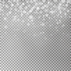 Christmas falling snow vector isolated on dark background. Snowflake transparent decoration effect. 