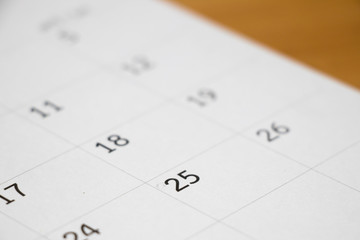 Closed up of day 25 on calendar background