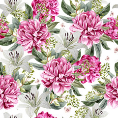 Watercolor pattern with peony flowers and  lily. 