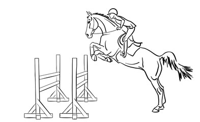 Equestrian, show jumping. A rider jumping with a horse over obstacles.