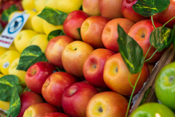 Close-up image of various apples on the market.