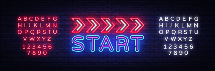 Start Neon sign vector design template. Start Race neon text, light banner design element colorful modern design trend, night bright advertising, bright sign. Vector. Editing text neon sign