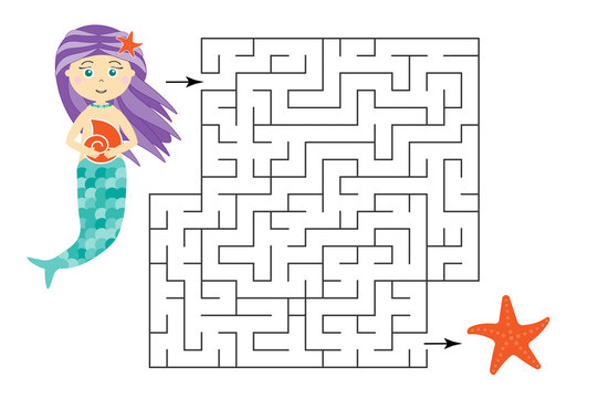 Labyrinth game, help the mermaid to find a way out of the maze, cute cartoon character, preschool worksheet activity for kids, task for the development of logical thinking, vector illustration