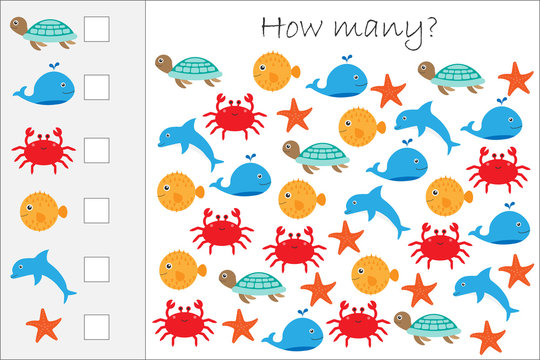 How many counting game with ocean animals for kids, educational maths task for the development of logical thinking, preschool worksheet activity, count and write the result, vector illustration