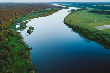 Drone aerial view of Nemunas river, a major Eastern European river