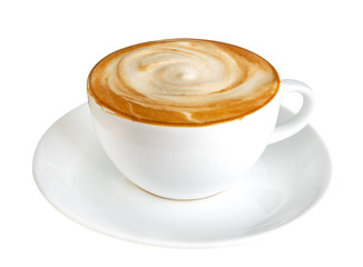 Hot coffee latte cappuccino spiral foam isolated on white background, clipping path included