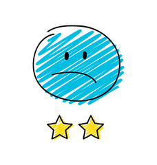 Review - two star rating. Happy blue coloured stickman. Vector.