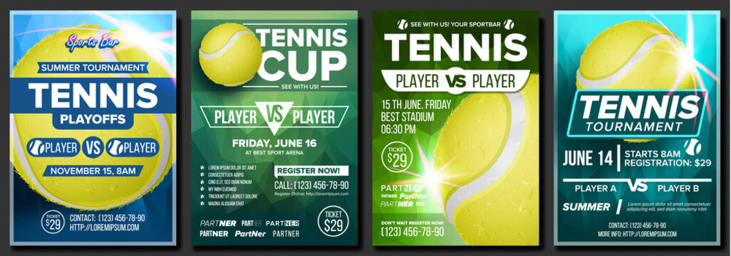 Tennis Poster Set Vector. Design For Sport Bar Promotion. Court, Tennis Ball. Modern Flyer Tournament. Sport Event Announcement. Banner Advertising. Label Template Illustration