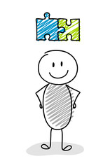 Cartoon stickman holding puzzle (success concept) icon. Vector.