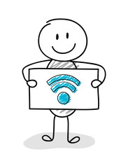 Funny stickman with internet connection (wifi) icon. Vector.