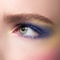 Obraz premium Beautiful blue eyes with bright creative cosmetics. Long eyebrows and dense eyelashes create the fashionable image. Evening cosmetics, cosmetics, cosmetology